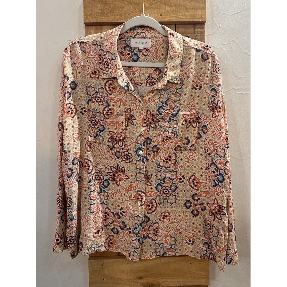 Dear John Lolita Long Sleeve Blouse Peach Blue Paisley Print 3/4 Sleeve  Size M